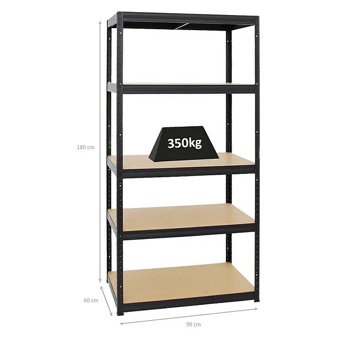 Proregal Schwerlastregal Slim Elephant M - Traglast pro Boden: 350 kg, Anzahl Böden: 5 Stk., Stecken, Schwarz - Schwarzes Regal mit vier Regalböden und den Maßen 180x90x60cm, mit einem 350kg Gewicht auf einem der Regalböden.