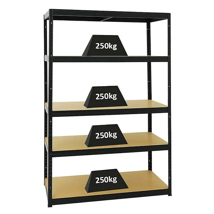Proregal Schwerlastregal Big Elephant M - H x B x T: 180 x 120 x 60 cm, Traglast pro Boden: 250 kg, Anzahl Böden: 5 Stk., Stecken, Schwarz - Metallregal mit vier Ebenen, jede mit einem 250 kg schweren Gewicht belastet, ideal für Lagerung und Organisation.