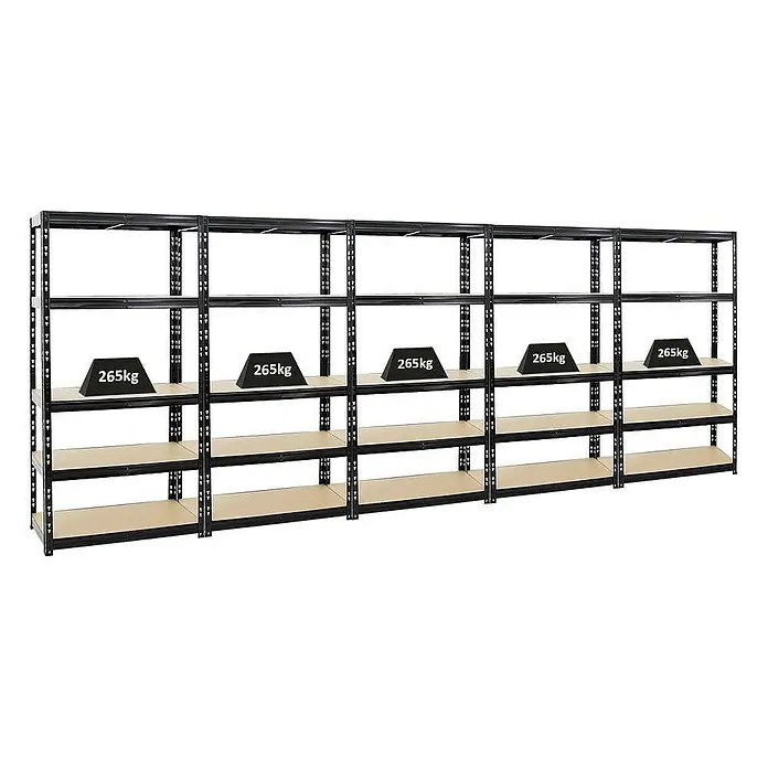 Proregal Schwerlastregal Mega Deal Tiger - Traglast pro Boden: 265 kg, Anzahl Böden: 5 Stk., Stecken, Schwarz - Ein Regal mit mehreren Ebenen, belastbar bis 265 kg, ideal für Lagerung und Organisation in Werkstatt oder Lager.