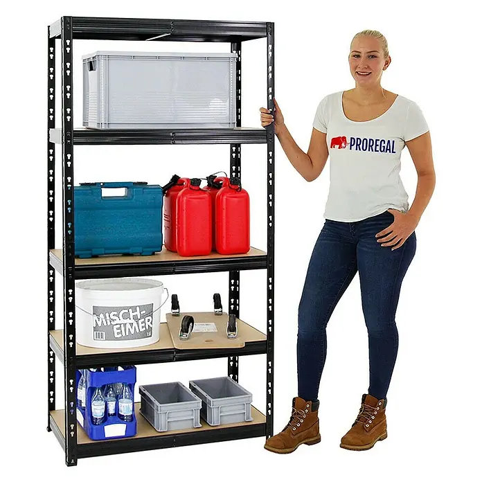 Proregal Schwerlastregal Mega Deal Tiger - Traglast pro Boden: 265 kg, Anzahl Böden: 5 Stk., Stecken, Schwarz - Das Regal mit 5 Böden bietet viel Stauraum für Werkzeuge, Kisten und andere Gegenstände. Perfekt für Garage, Keller oder Werkstatt.