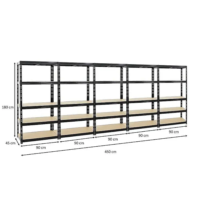 Proregal Schwerlastregal Mega Deal Tiger - Traglast pro Boden: 265 kg, Anzahl Böden: 5 Stk., Stecken, Schwarz - Ein Regal mit fünf Ebenen und den Maßen 180 cm Höhe, 45 cm Tiefe und 450 cm Breite.