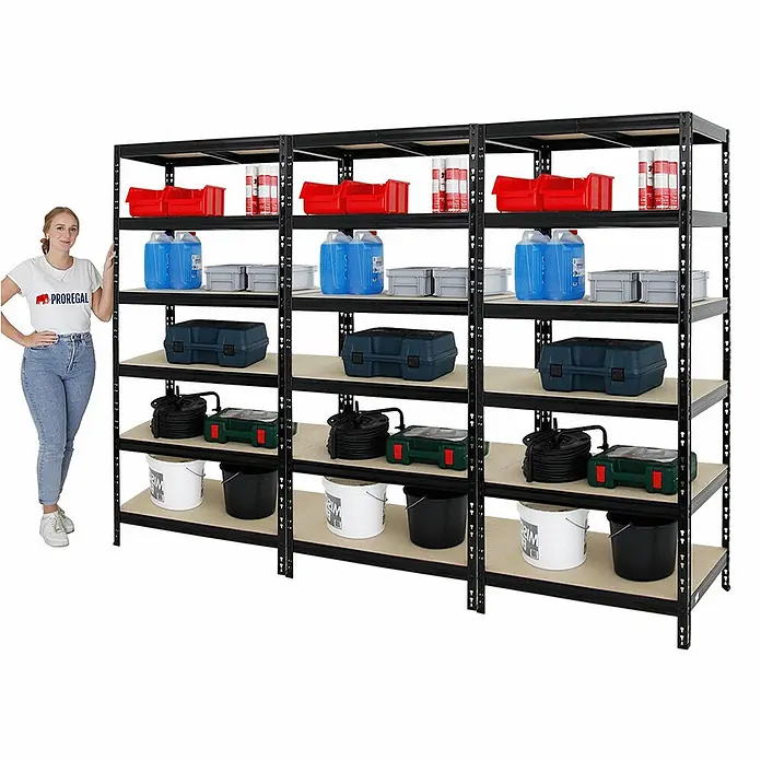 Proregal Schwerlastregal Mega Deal Giant Tiger - H x B x T: 200 x 90 x 60 cm, Traglast pro Boden: 265 kg, Anzahl Böden: 6 Stk., Stecken, Schwarz - Ein Lagerregal mit fünf Ebenen, vollgepackt mit Aufbewahrungsboxen und Eimern, für eine übersichtliche Werkstatt oder Garage.