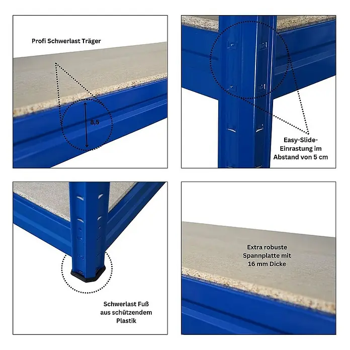 Proregal Schwerlastregal Mega Deal DINO - Traglast pro Boden: 500 kg, Anzahl Böden: 4 Stk., Stecken, Blau - Details des Schwerlastregals: Träger (8,5 cm), Easy-Slide-Einrastung (5 cm), robuster Fuß aus Kunststoff und 16 mm Platte.