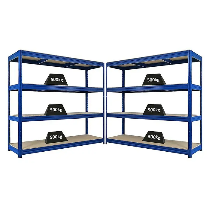 Proregal Schwerlastregal Mega Deal DINO - Traglast pro Boden: 500 kg, Anzahl Böden: 4 Stk., Stecken, Blau - Abbildung von zwei blauen Metallregalen mit vier Ebenen, die jeweils mit Gewichten von 500 kg belastet sind, ideal für Lagerung.