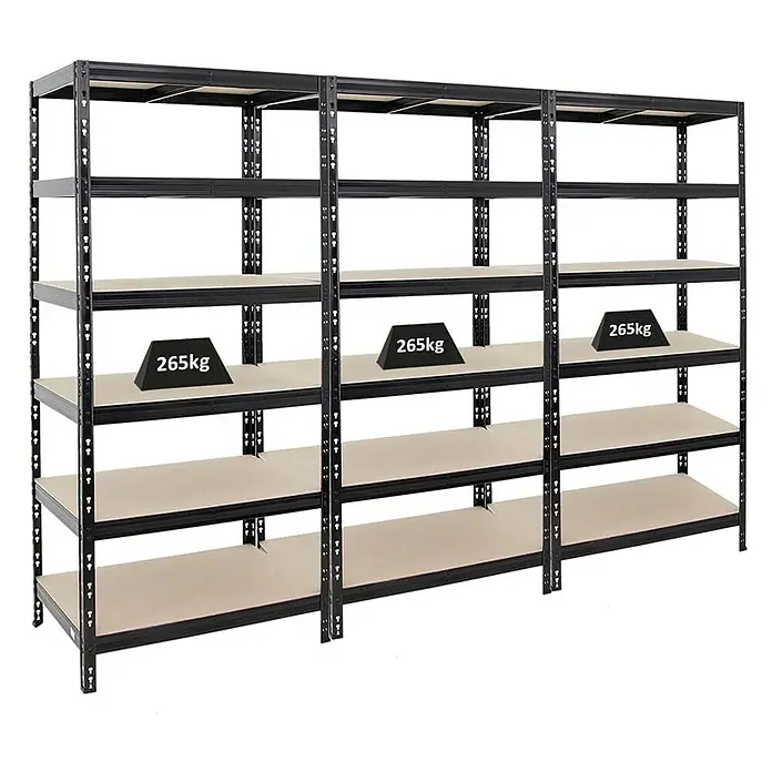 Proregal Schwerlastregal Mega Deal Giant Tiger - H x B x T: 200 x 90 x 60 cm, Traglast pro Boden: 265 kg, Anzahl Böden: 6 Stk., Stecken, Schwarz - Das Bild zeigt ein robustes Schwerlastregal mit mehreren Ebenen, ideal für Lagerung und Organisation.