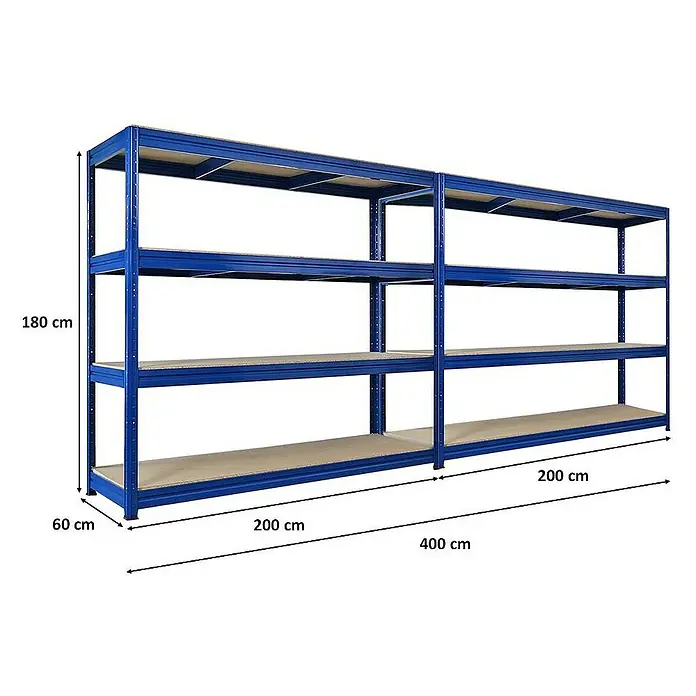 Proregal Schwerlastregal Mega Deal DINO - Traglast pro Boden: 500 kg, Anzahl Böden: 4 Stk., Stecken, Blau - Regal mit vier Ebenen und den Maßen 180x60x400 cm zur Aufbewahrung und Organisation verschiedener Gegenstände.