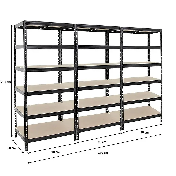 Proregal Schwerlastregal Mega Deal Giant Tiger - H x B x T: 200 x 90 x 60 cm, Traglast pro Boden: 265 kg, Anzahl Böden: 6 Stk., Stecken, Schwarz - Abbildung eines schwarzen Metallregals mit vier Ebenen und Maßangaben. Das Regal ist 200 cm hoch, 60 cm tief und 270 cm breit.