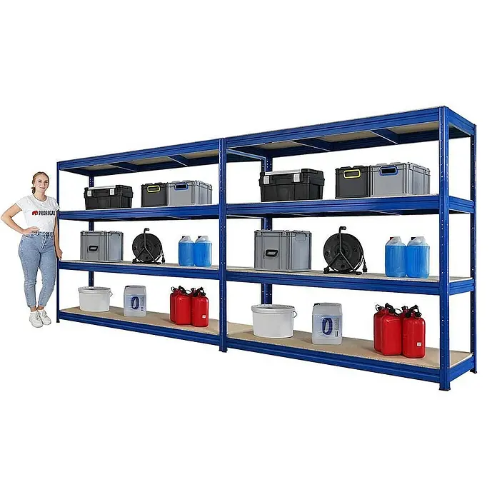 Proregal Schwerlastregal Mega Deal DINO - Traglast pro Boden: 500 kg, Anzahl Böden: 4 Stk., Stecken, Blau - Großes, blaues Metallregal mit vier Ebenen und verschiedenen Gegenständen darauf, inklusive einer Frau zur Größenveranschaulichung.