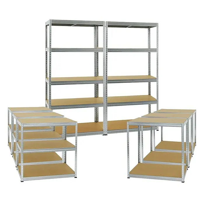 Proregal Schwerlastregal Mega Deal Slim Elephant M - H x B x T: 180 x 90 x 60 cm, Traglast pro Boden: 350 kg, Anzahl Böden: 5 Stk., Stecken, Verzinkt - Bild von mehreren Metallregalen mit Holzablagen, die als Lagersystem dienen und viel Stauraum bieten.