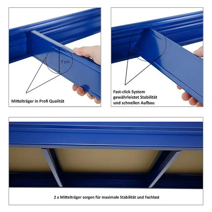 Proregal Schwerlastregal Mega Deal DINO - Traglast pro Boden: 500 kg, Anzahl Böden: 4 Stk., Stecken, Blau - Produktabbildung eines blauen Mittelträgers mit einer Höhe von 7 cm, der für maximale Stabilität und Fachlast sorgt. Schneller Aufbau durch Fast-Click System.
