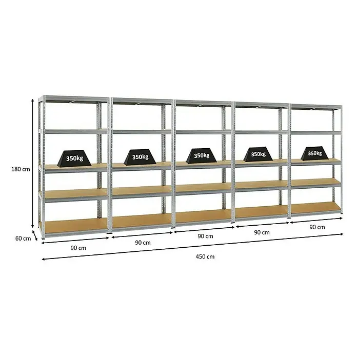 Proregal Schwerlastregal Mega Deal Slim Elephant M - H x B x T: 180 x 90 x 60 cm, Traglast pro Boden: 350 kg, Anzahl Böden: 5 Stk., Stecken, Verzinkt - Darstellung eines Schwerlastregals mit fünf Fächern, belastbar bis zu 350kg pro Fach, ideal für Lagerung und Organisation.