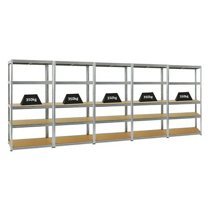 Proregal Schwerlastregal Mega Deal Slim Elephant M - H x B x T: 180 x 90 x 60 cm, Traglast pro Boden: 350 kg, Anzahl Böden: 5 Stk., Stecken, Verzinkt - Das Bild zeigt ein robustes Schwerlastregal mit mehreren Ebenen, beladen mit Gewichten, ideal für Lagerhaltung und Organisation in Werkstatt oder Lager.