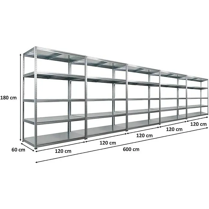 Proregal Metallregal Mega Deal Steel Eagle - Traglast pro Boden: 130 kg, Anzahl Böden: 5 Stk., Stecken, Verzinkt - Metallregalsystem mit mehreren Ebenen und den Maßen 180 cm Höhe, 60 cm Tiefe und 600 cm Länge.