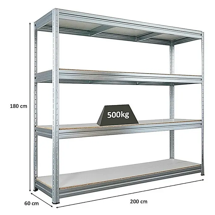 Proregal Schwerlastregal DINO - H x B x T: 180 x 200 x 60 cm, Traglast pro Boden: 500 kg, Anzahl Böden: 4 Stk., Stecken, Verzinkt - Regal mit vier Ebenen und Gewichtsangabe.