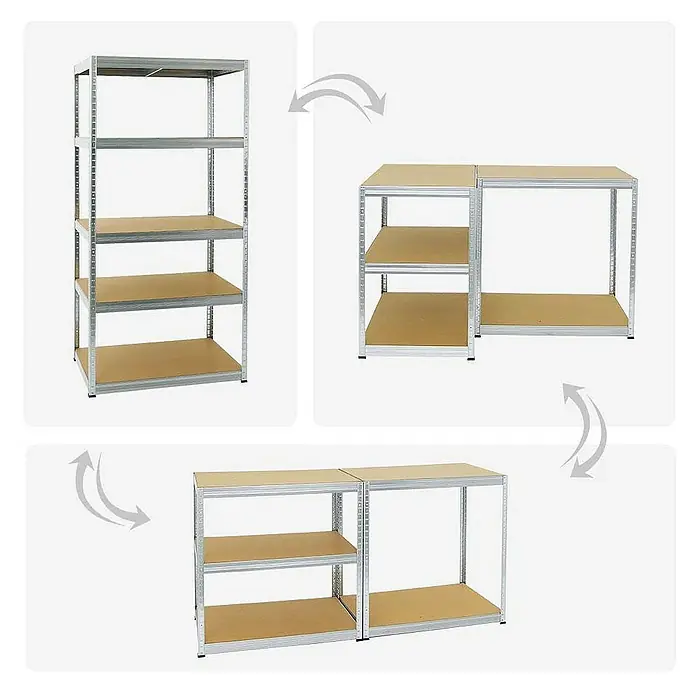 Proregal Schwerlastregal Mega Deal Slim Elephant M - Traglast pro Boden: 350 kg, Anzahl Böden: 5 Stk., Stecken, Verzinkt - Das Bild zeigt ein modulares Metallregal, das in verschiedenen Konfigurationen aufgebaut werden kann, von einem hohen Regal bis zu zwei niedrigen.