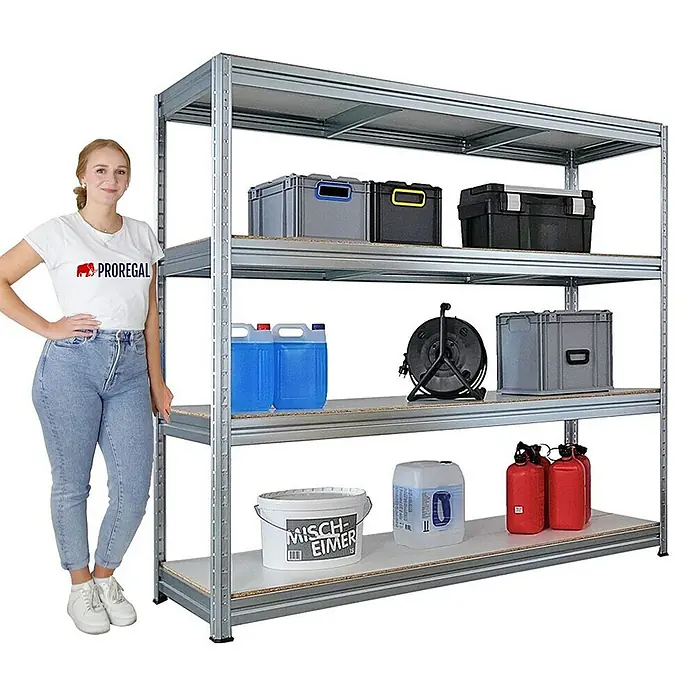 Proregal Schwerlastregal DINO - H x B x T: 180 x 200 x 60 cm, Traglast pro Boden: 500 kg, Anzahl Böden: 4 Stk., Stecken, Verzinkt - Lagerregal mit vier Ebenen und diversen Behältern. Die Regale sind ideal zur Aufbewahrung verschiedenster Gegenstände in Werkstatt und Lager.