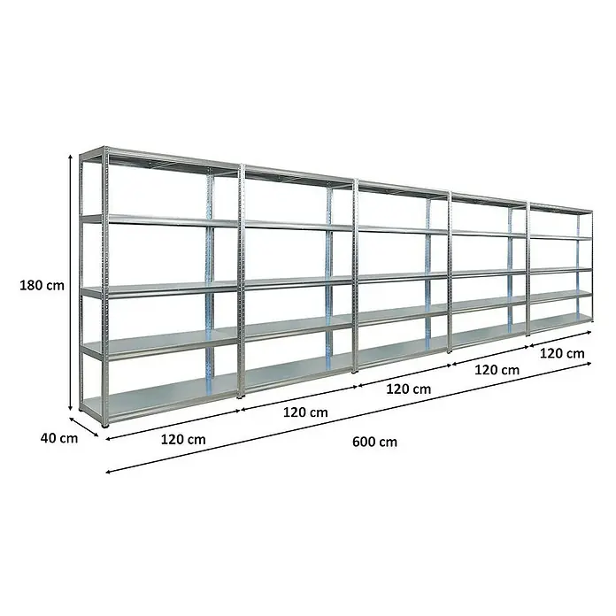 Proregal Metallregal Mega Deal Steel Eagle - Traglast pro Boden: 130 kg, Anzahl Böden: 5 Stk., Stecken, Verzinkt - Abbildung eines langen, robusten Metallregalsystems mit mehreren Ebenen, ideal für Lagerung und Organisation.