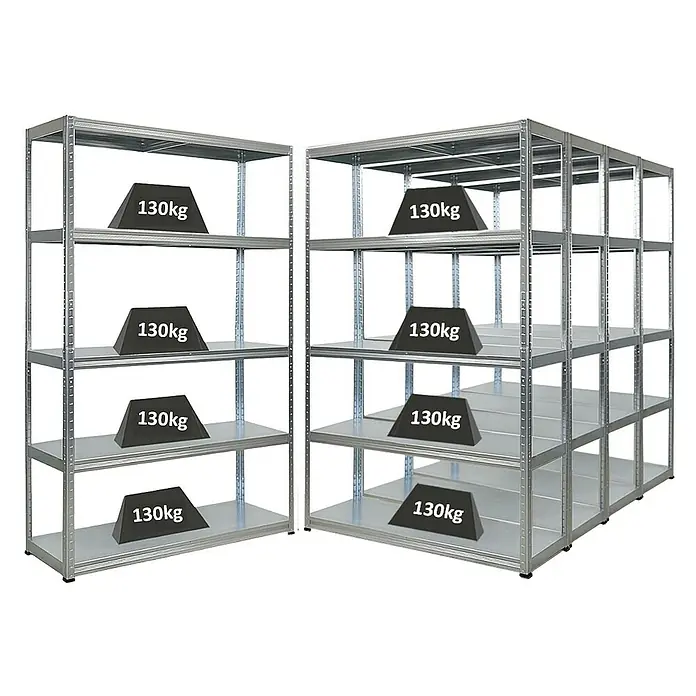 Proregal Metallregal Mega Deal Steel Eagle - Traglast pro Boden: 130 kg, Anzahl Böden: 5 Stk., Stecken, Verzinkt - Das Bild zeigt zwei Schwerlastregale aus Metall, die jeweils mit Gewichten von 130 kg belastet sind. Die Regale sind stabil und bieten viel Stauraum.