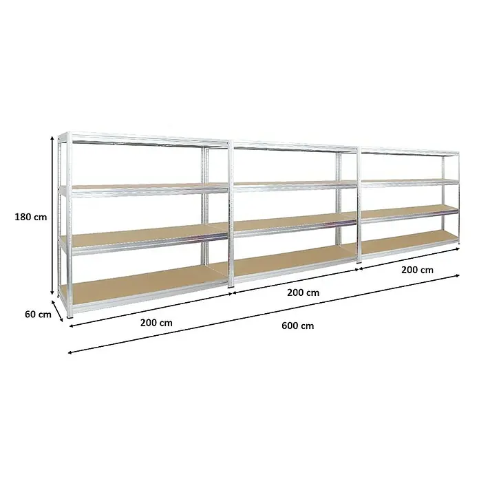 Proregal Schwerlastregal Mega Deal DINO - Traglast pro Boden: 500 kg, Anzahl Böden: 4 Stk., Stecken, Verzinkt - Das Bild zeigt ein Regalsystem mit 3 Regalen, jeweils 200 cm breit und 180 cm hoch, ideal für Lagerung und Ordnung.