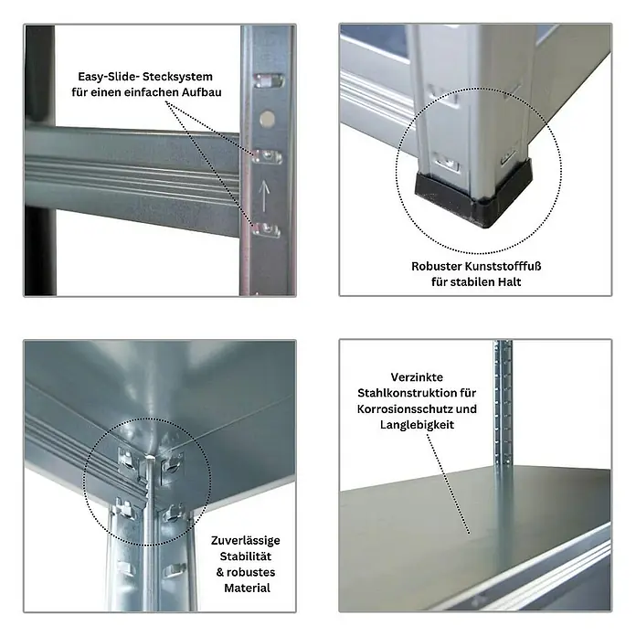 Proregal Metallregal Mega Deal Steel Eagle - Traglast pro Boden: 130 kg, Anzahl Böden: 5 Stk., Stecken, Verzinkt - Produktdetails eines Regals mit einfachem Stecksystem, robusten Füßen und verzinkter Stahlkonstruktion für Stabilität und Langlebigkeit.