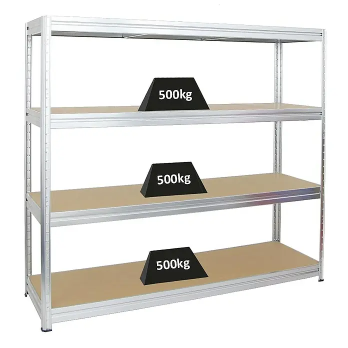 Proregal Schwerlastregal Mega Deal DINO - Traglast pro Boden: 500 kg, Anzahl Böden: 4 Stk., Stecken, Verzinkt - Regal mit drei Fächern und Gewichten auf jeder Ebene.