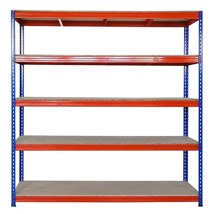 Proregal Schwerlastregal Mega Deal BISON - H x B x T: 200 x 200 x 60 cm, Traglast pro Boden: 600 kg, Anzahl Böden: 5 Stk., Stecken, Blau-Orange - Robustes Schwerlastregal mit fünf Ebenen, ideal für Lager und Werkstatt. Das Regal bietet viel Stauraum für schwere Gegenstände.