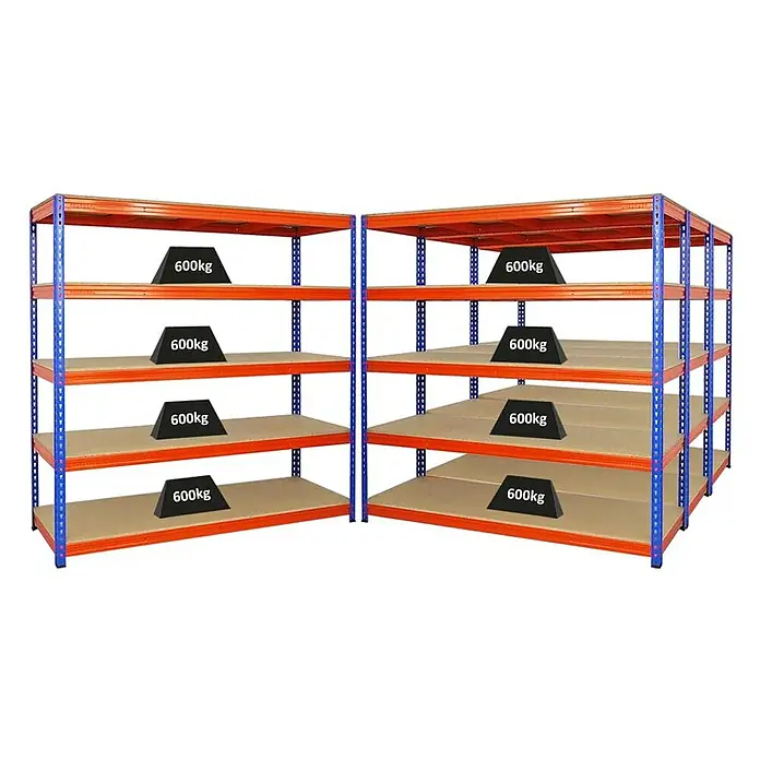 Proregal Schwerlastregal Mega Deal BISON - H x B x T: 200 x 200 x 60 cm, Traglast pro Boden: 600 kg, Anzahl Böden: 5 Stk., Stecken, Blau-Orange - Schwerlastregale aus Stahl mit Holzböden, beladen mit Gewichten von 600 kg. Diese robusten Regale bieten viel Stauraum für schwere Lasten.