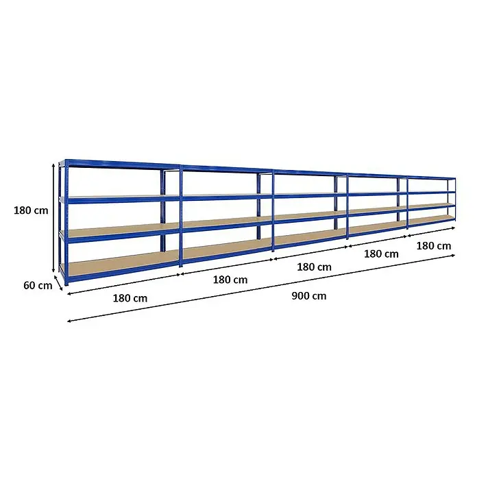 Proregal Schwerlastregal Mega Deal DINO - H x B x T: 180 x 180 x 60 cm, Traglast pro Boden: 500 kg, Anzahl Böden: 4 Stk., Stecken, Blau - Langes, blaues Schwerlastregal mit mehreren Ebenen und detaillierten Maßangaben zur Länge, Höhe und Tiefe für Lagerzwecke.
