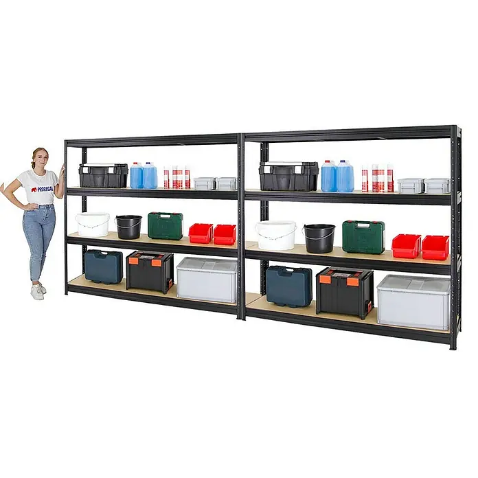 Proregal Schwerlastregal Mega Deal DINO - Traglast pro Boden: 500 kg, Anzahl Böden: 4 Stk., Stecken, Schwarz - Regal mit vier Ebenen und verschiedenen Aufbewahrungsbehältern, ideal für Garage oder Keller.