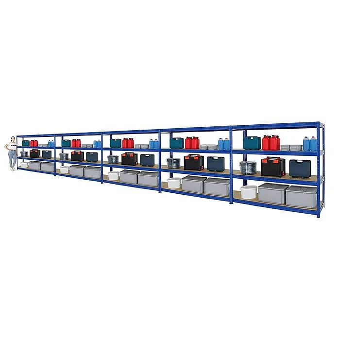 Proregal Schwerlastregal Mega Deal DINO - H x B x T: 180 x 180 x 60 cm, Traglast pro Boden: 500 kg, Anzahl Böden: 4 Stk., Stecken, Blau - Lagerregal mit drei Ebenen, gefüllt mit verschiedenen Behältern und Kisten, ideal für die Organisation von Gegenständen in Lager und Werkstatt.