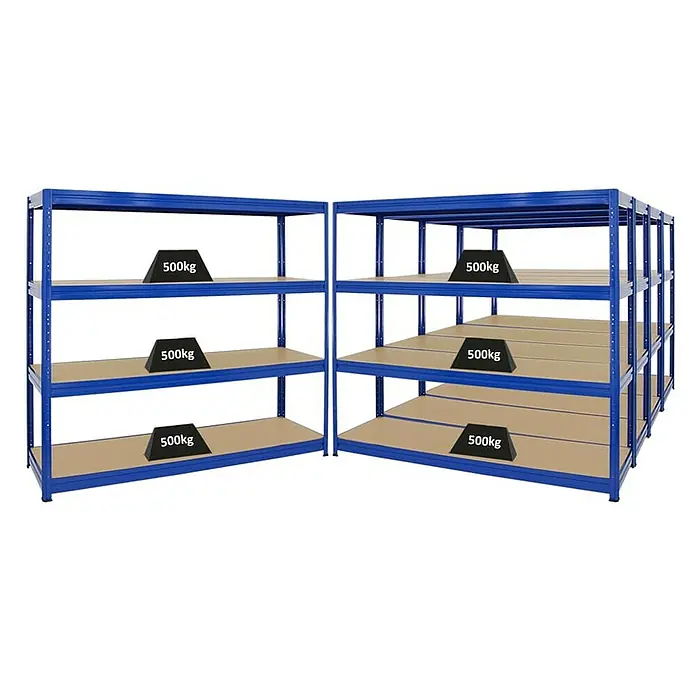 Proregal Schwerlastregal Mega Deal DINO - H x B x T: 180 x 180 x 60 cm, Traglast pro Boden: 500 kg, Anzahl Böden: 4 Stk., Stecken, Blau - Regal mit blauen Metallrahmen und Holzregalböden, belastet mit Gewichten. Ideal für Lagerung und Organisation.