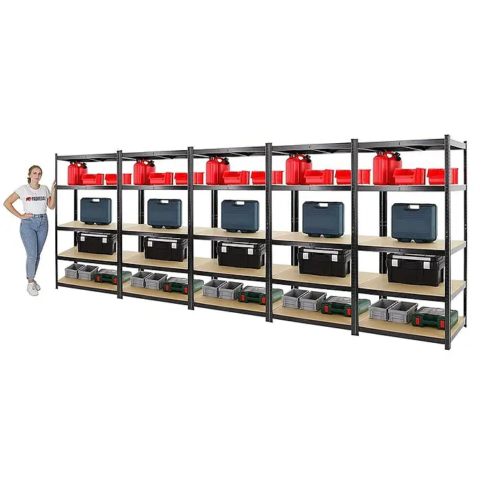 Proregal Schwerlastregal Mega Deal TAURUS 5 Stück - Traglast pro Boden: 175 kg, Anzahl Böden: 5 Stk., Stecken, Schwarz - Ein großes, stabiles Schwerlastregal mit fünf Ebenen zur optimalen Lagerung von Werkzeugen und Zubehör in der Werkstatt oder Garage.