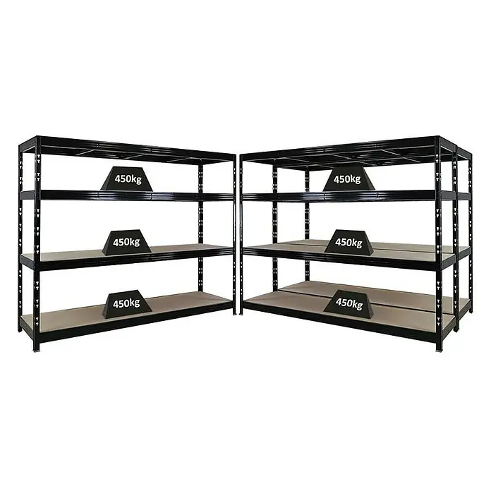 Proregal Schwerlastregal Mega Deal Profi RHINO - Traglast pro Boden: 450 kg, Anzahl Böden: 4 Stk., Stecken, Schwarz - Schwarzes Schwerlastregal mit vier Ebenen und einer Traglast von 450 kg pro Ebene für schwere Gegenstände.