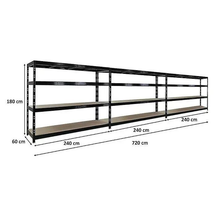 Proregal Schwerlastregal Mega Deal Profi RHINO - Traglast pro Boden: 450 kg, Anzahl Böden: 4 Stk., Stecken, Schwarz - Regal mit drei Ebenen, schwarzem Rahmen und Holzregalböden, mit Abmessungen in Zentimetern angegeben.