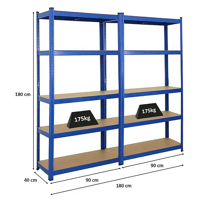 Proregal Schwerlastregal Mega Deal Kellerregal GORILLA - H x B x T: 180 x 90 x 40 cm, Traglast pro Boden: 175 kg, Anzahl Böden: 5 Stk., Stecken, Blau - Das Bild zeigt ein blaues Metallregal mit fünf Regalböden, wobei auf einem Boden Gewichte von 175kg stehen. Das Regal ist 180cm hoch.
