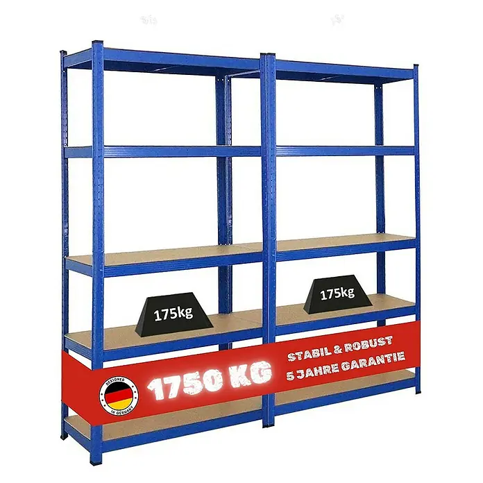 Proregal Schwerlastregal Mega Deal Kellerregal GORILLA - H x B x T: 180 x 90 x 40 cm, Traglast pro Boden: 175 kg, Anzahl Böden: 5 Stk., Stecken, Blau - Blaues Metallregal mit Holzregalböden, auf denen schwarze Gewichte stehen, und einem roten Banner mit "1750 KG" Aufdruck.