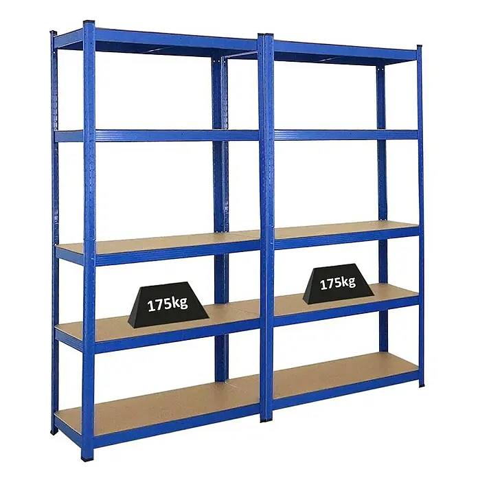 Proregal Schwerlastregal Mega Deal Kellerregal GORILLA - H x B x T: 180 x 90 x 40 cm, Traglast pro Boden: 175 kg, Anzahl Böden: 5 Stk., Stecken, Blau - Das Bild zeigt zwei blaue Metallregale mit Holzfächern und einer Gewichtsangabe von 175 kg auf einer Ablage.