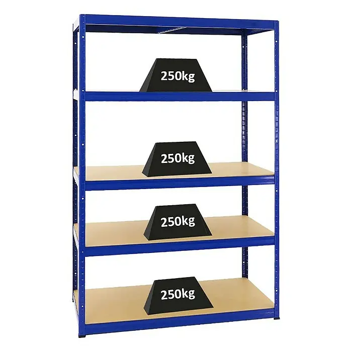 Proregal Schwerlastregal Big Elephant M - Traglast pro Boden: 250 kg, Anzahl Böden: 5 Stk., Stecken, Blau - Ein robustes blaues Schwerlastregal mit vier Ebenen, jede mit einem Gewicht von 250 kg belastet, ideal für Lager und Werkstatt.