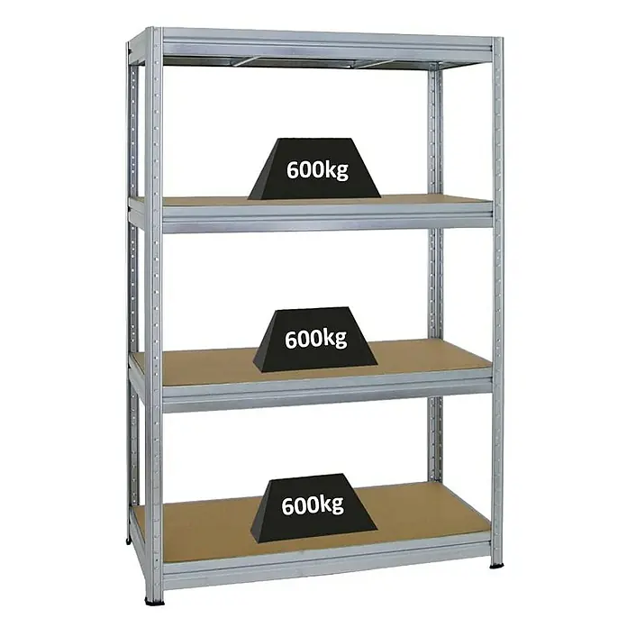 Proregal Schwerlastregal Mega Deal DINO - H x B x T: 180 x 120 x 60 cm, Traglast pro Boden: 600 kg, Anzahl Böden: 4 Stk., Stecken, Verzinkt - Ein Regal mit vier Ebenen, auf jeder Ebene eine Last von 600 kg. Das Regal ist stabil und für schwere Lasten geeignet.