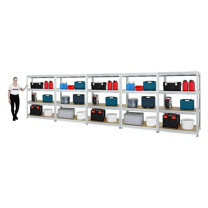 Proregal Schwerlastregal Mega Deal DINO - H x B x T: 180 x 120 x 60 cm, Traglast pro Boden: 600 kg, Anzahl Böden: 4 Stk., Stecken, Verzinkt - Ein geräumiges Lagerregal mit verschiedenen Behältern und Werkzeugen, ideal zur Organisation von Garagen oder Werkstätten.