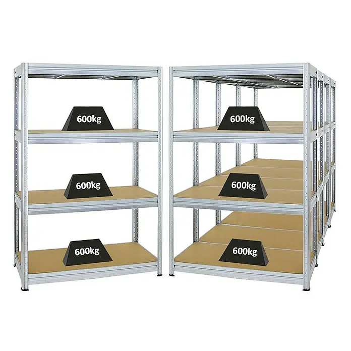 Proregal Schwerlastregal Mega Deal DINO - H x B x T: 180 x 120 x 60 cm, Traglast pro Boden: 600 kg, Anzahl Böden: 4 Stk., Stecken, Verzinkt - Schwerlastregale mit Regalböden und Gewichtsangaben. Solide Regalkonstruktion für hohe Lasten in Lager und Werkstatt.