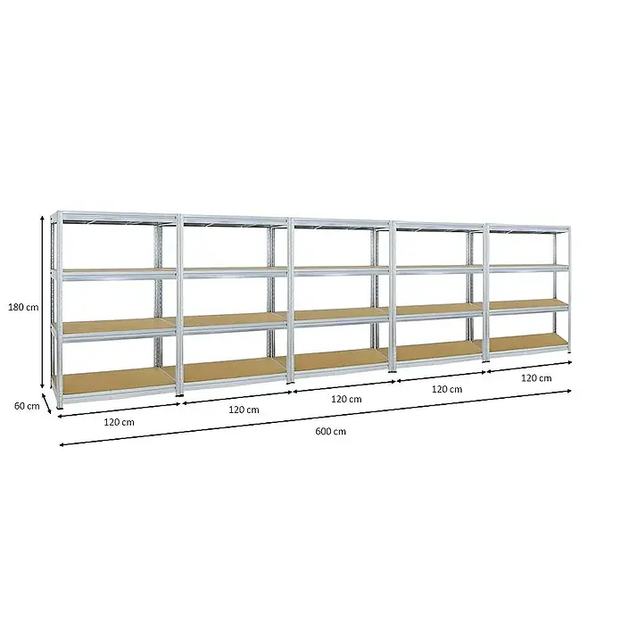 Proregal Schwerlastregal Mega Deal DINO - H x B x T: 180 x 120 x 60 cm, Traglast pro Boden: 600 kg, Anzahl Böden: 4 Stk., Stecken, Verzinkt - Produktbild: Ein großes, modulares Metallregal mit Holzregalböden, ideal für Lagerung und Organisation in Werkstatt oder Lager.