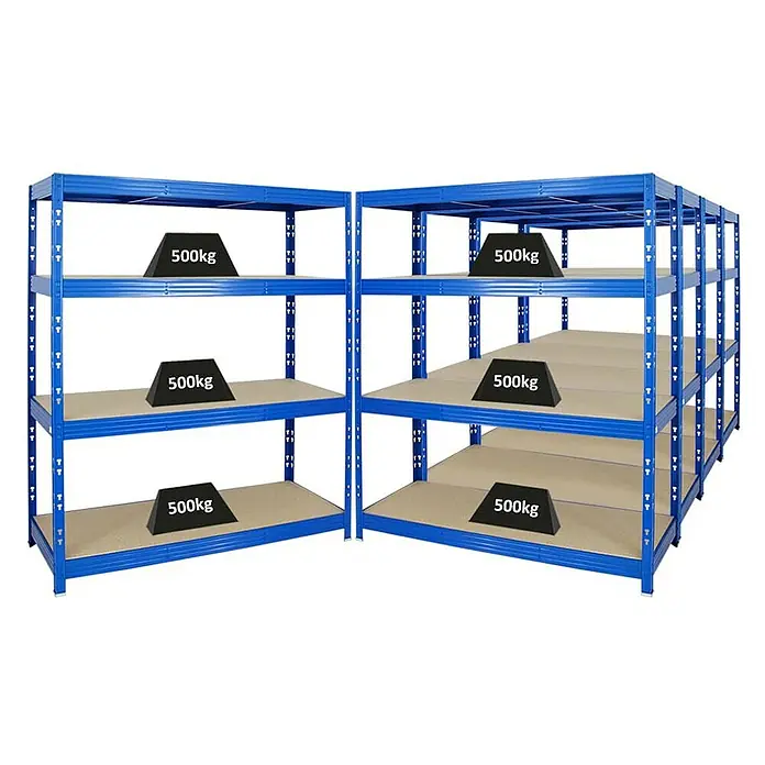 Proregal Schwerlastregal Mega Deal Profi RHINO - H x B x T: 180 x 160 x 60 cm, Traglast pro Boden: 500 kg, Anzahl Böden: 4 Stk., Stecken, Blau - Blaues Schwerlastregal mit drei Etagen und schwarzen Gewichten mit "500kg"-Aufschrift auf jeder Ebene, ideal für Lagerung.