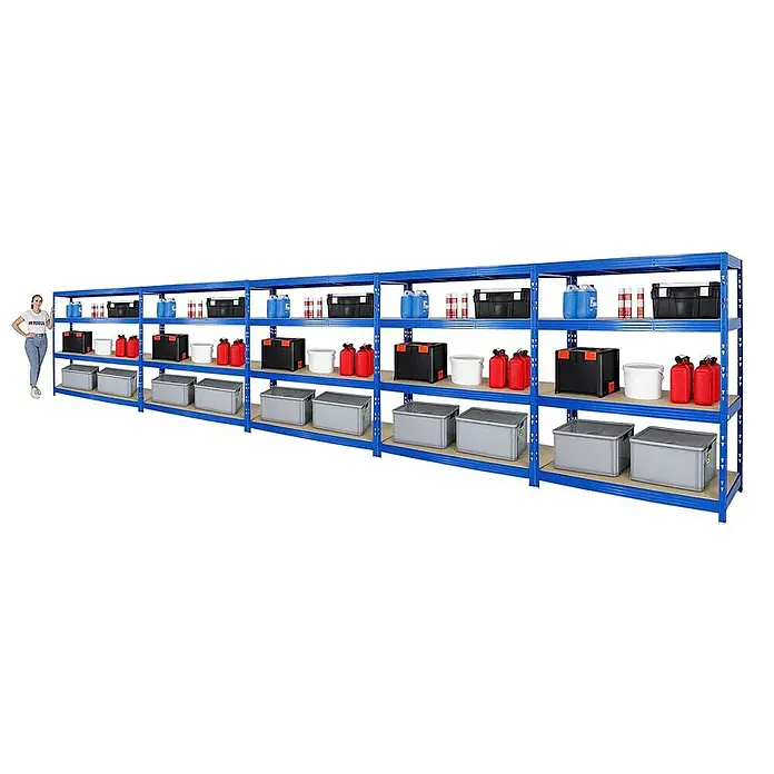 Proregal Schwerlastregal Mega Deal Profi RHINO - H x B x T: 180 x 160 x 60 cm, Traglast pro Boden: 500 kg, Anzahl Böden: 4 Stk., Stecken, Blau - Blaues Schwerlastregal mit drei Ebenen und diversen Gegenständen, die darauf gelagert sind. Optimal für Garage oder Keller.