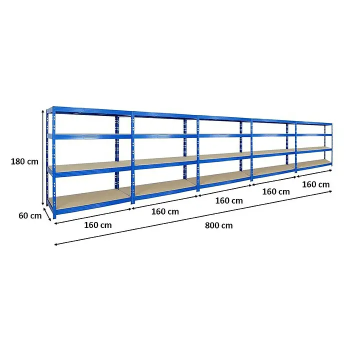 Proregal Schwerlastregal Mega Deal Profi RHINO - H x B x T: 180 x 160 x 60 cm, Traglast pro Boden: 500 kg, Anzahl Böden: 4 Stk., Stecken, Blau - Blaues Lagerregal mit vier Ebenen und Maßangaben für Höhe, Tiefe und Länge.