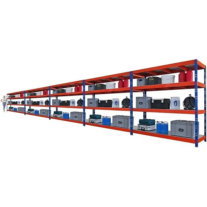 Proregal Schwerlastregal Mega Deal Profi RHINO - Traglast pro Boden: 500 kg, Anzahl Böden: 4 Stk., Stecken, Blau-Orange - Ein langes, modulares Schwerlastregalsystem mit Lagerbehältern in verschiedenen Größen und Farben, ideal für Lagerung und Organisation.