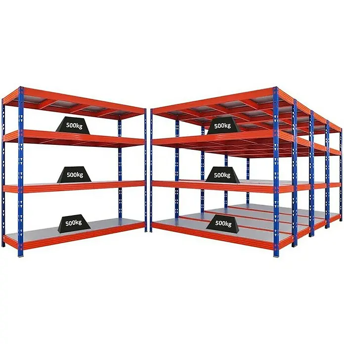 Proregal Schwerlastregal Mega Deal Profi RHINO - Traglast pro Boden: 500 kg, Anzahl Böden: 4 Stk., Stecken, Blau-Orange - Regale mit vier Ebenen, rot und blau, beladen mit Gewichten von je 500 kg. Die robuste Lagerlösung für schwere Lasten.