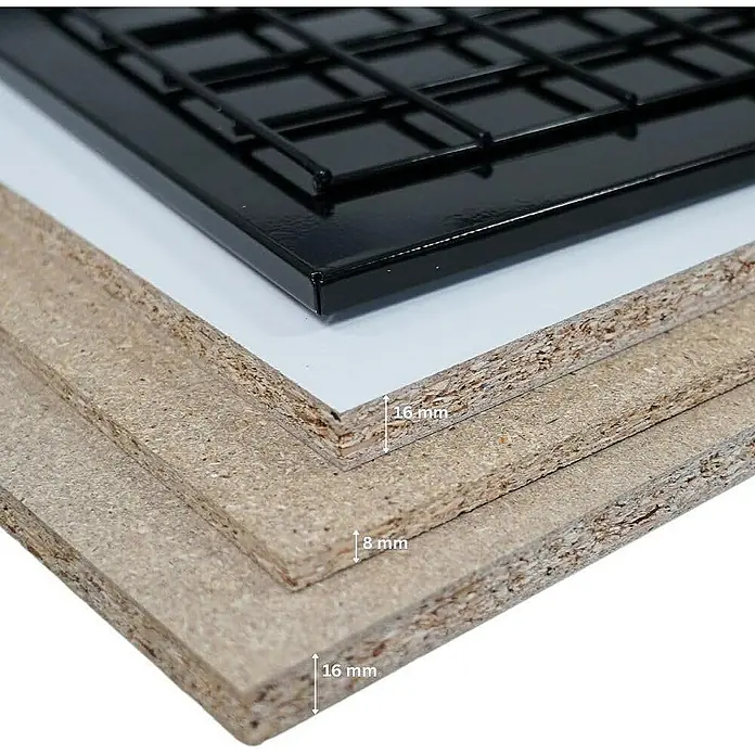 Proregal Schwerlastregal Mega Deal Profi RHINO - Traglast pro Boden: 500 kg, Anzahl Böden: 4 Stk., Stecken, Blau-Orange - Nahaufnahme von beschichteten Spanplatten in verschiedenen Stärken und einer schwarzen Metallgitterplatte.