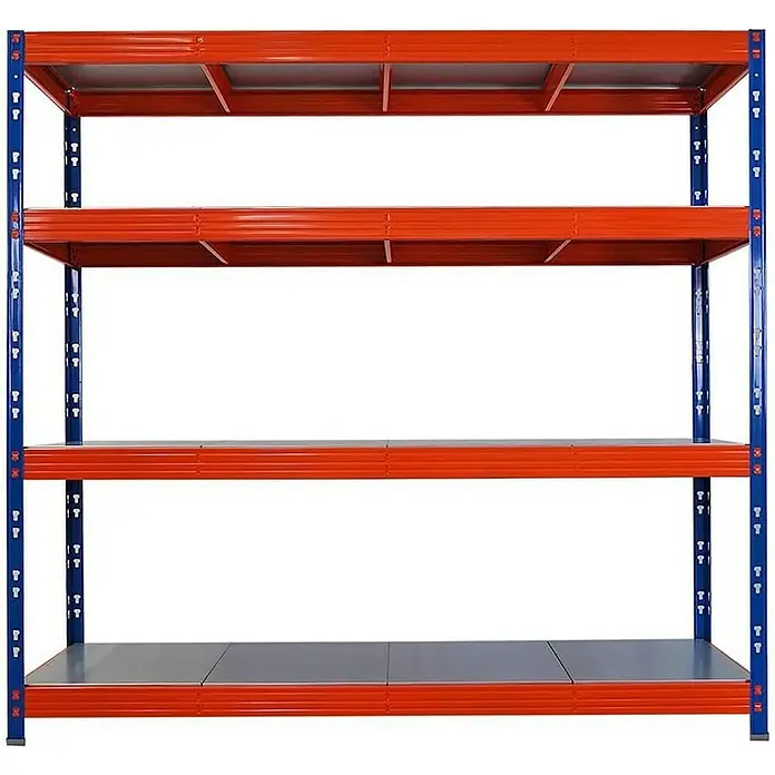 Proregal Schwerlastregal Mega Deal Profi RHINO - Traglast pro Boden: 500 kg, Anzahl Böden: 4 Stk., Stecken, Blau-Orange - Ein stabiles, leeres Lagerregal mit vier Ebenen in den Farben Blau und Orange. Ideal für die Organisation und Lagerung von Gegenständen.