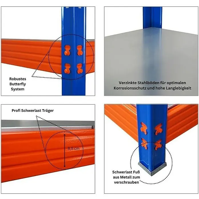 Proregal Schwerlastregal Mega Deal Profi RHINO - Traglast pro Boden: 500 kg, Anzahl Böden: 4 Stk., Stecken, Blau-Orange - Detailaufnahme eines Schwerlastregals mit Butterfly-System, verzinkten Stahlböden und Metallfuß.